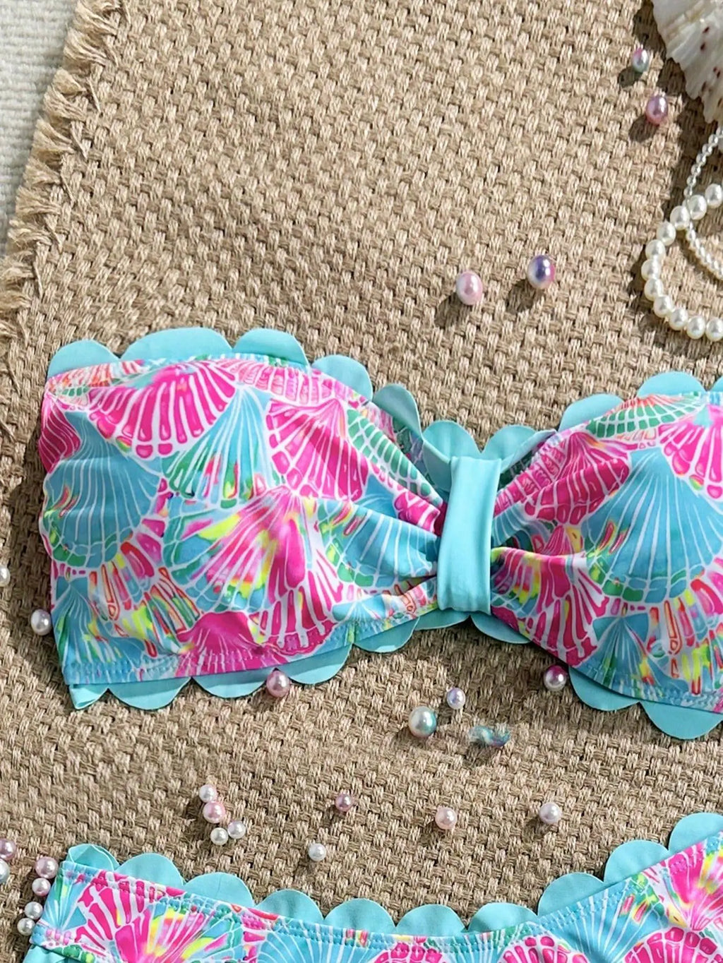Sexy Ruffles Bandeau Bikini 2026 Women Sky Blue Floral Print Front Bow Push Up High Waist Swimsuit Beach Bathing Suit Swimwear