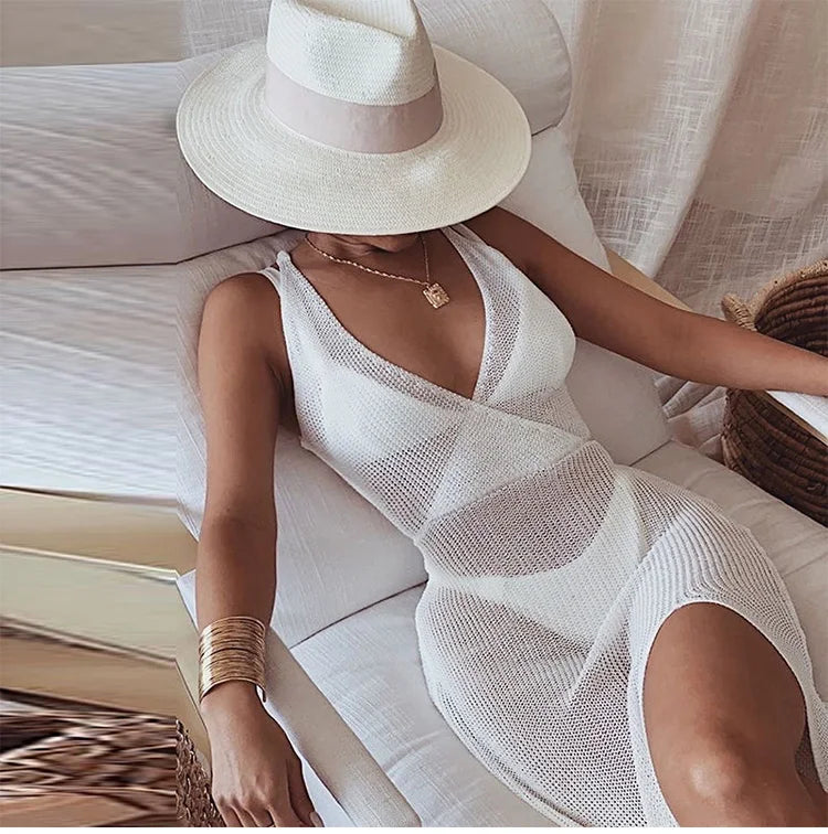 2023 New Crochet Beach Maxi Dress for Women See Through Sexy Bikini Plunge Backless Bandage Sleeveless Lacing Split Long Dresses