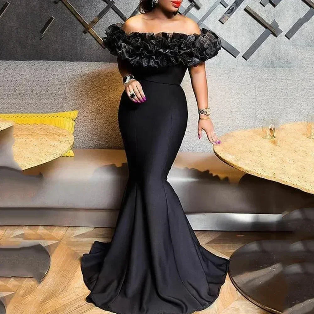 Women Strapless Sleeveless Ruffles Slash Neck Trumper Mermaid Dress Long Evening Party Floor Length Dress Solid Color Sexy