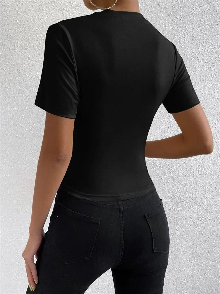 Women Short Sleeve Pleated T-shirt Summer Casual Slim Fit Mock Neck Ruched Tee Top Streetwear