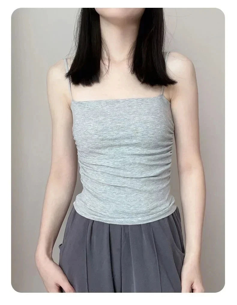 Summer Simple Women's Cotton Sling Camisole Crop Top Sleeveless Shirt Lady Bra Tank Tops Straps Skinny Girls Camisole Base Best