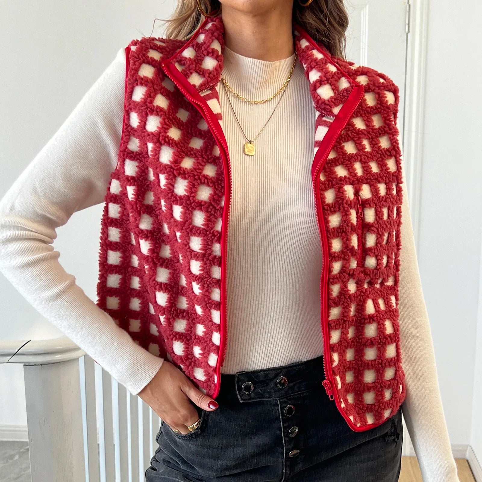 Women’s Fuzzy Checkered Vest Sleeveless Stand Collar Zip Up Vest Jacket Loose Spring Fall Warm Outwear