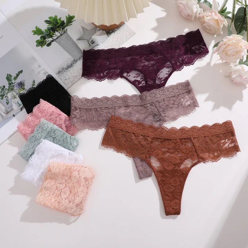 5Pcs Lace Sexy Thongs Women Low-Rise Briefs Sexy Soft Ladies Underwear Trendy Floral Underpants Female Flowery Panty Lingerie