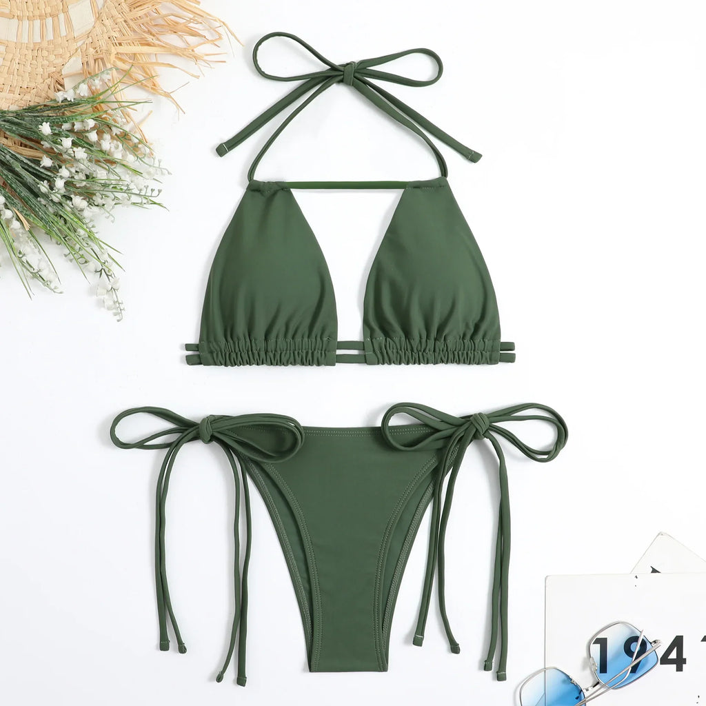 Sexy Bikini 2024 Women Black Brown Halter Hollow Out Push Up Micro Swimsuit Brazilian Bathing Suit Tie Side Triangle Swimwear