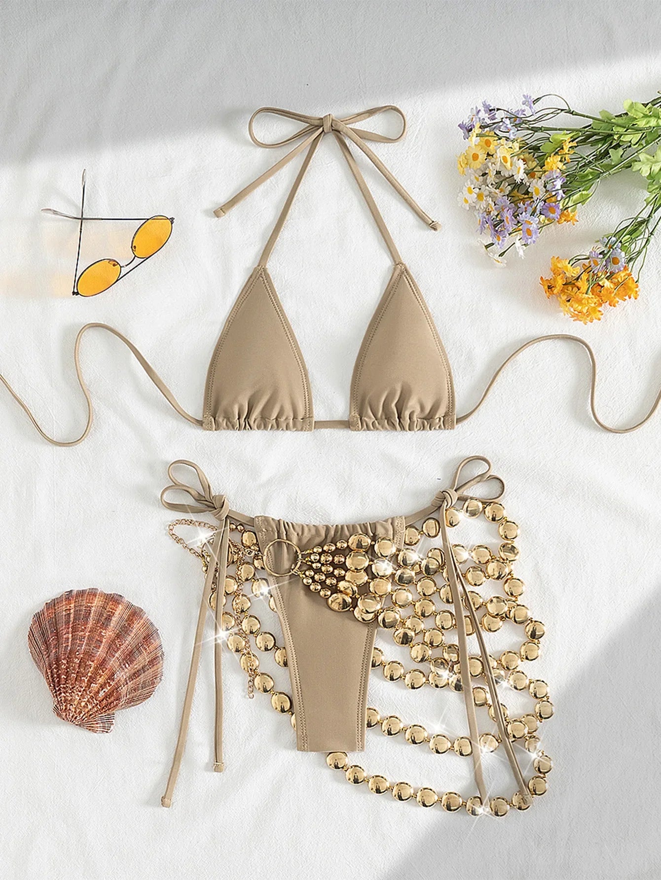 New Khaki Bikini Set 2025 Women Hollow Out Chain Skirt 3 Piece Swimsuit Beach Bathing Suit Push Up Holiday Swimwear Biquini