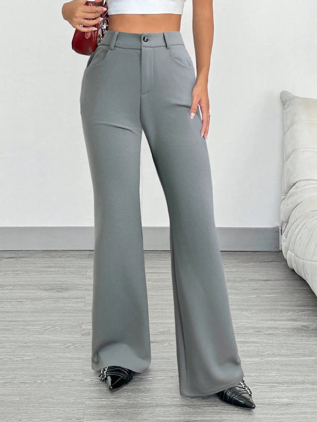Women's Casual Solid Color Front Button Fitted Flare Long Pants Office Lady Elegant Suit Trousers Spring/Fall