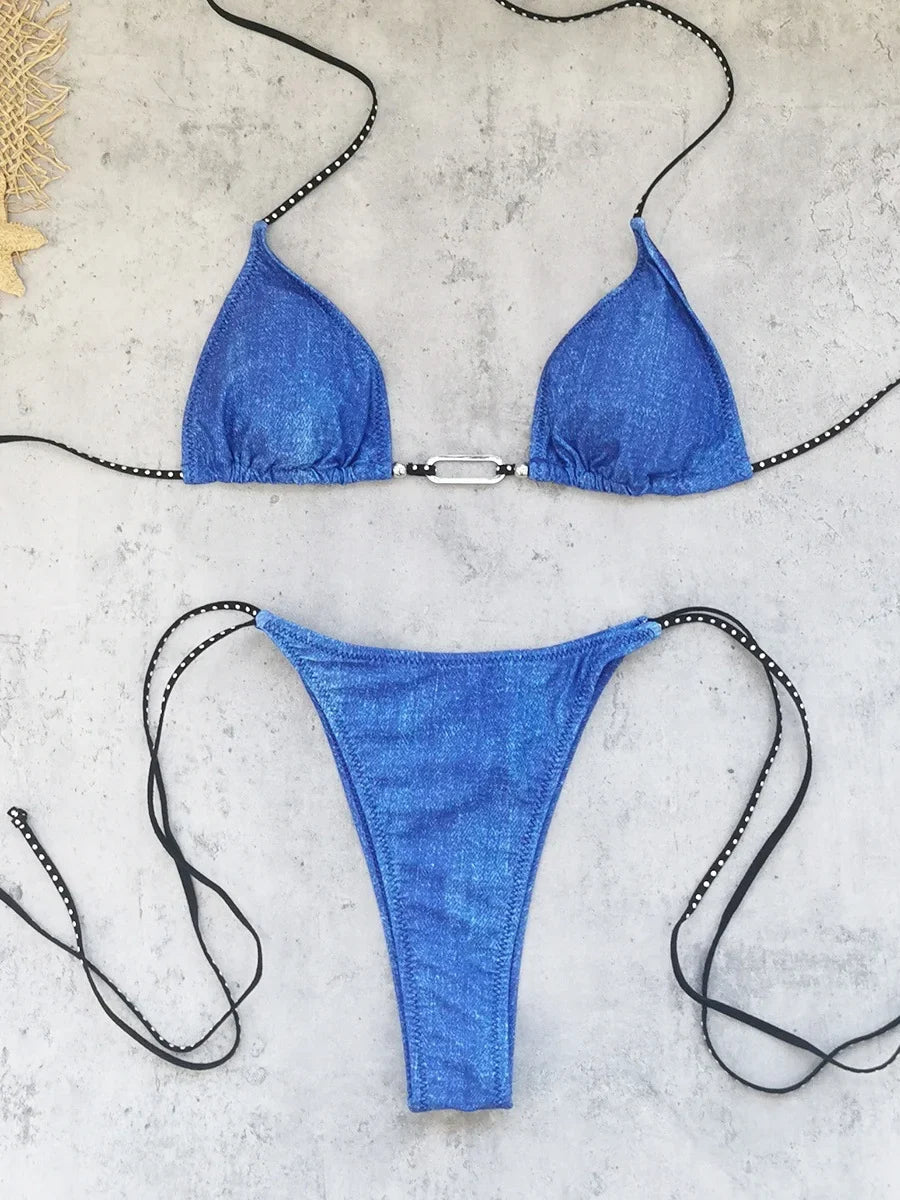 Sexy Triangle Bikini 2025 Women Blue Metal Chain Push Up Micro Swimsuit Summer Bathing Suit Tie Side Thong Swimwear Biquini