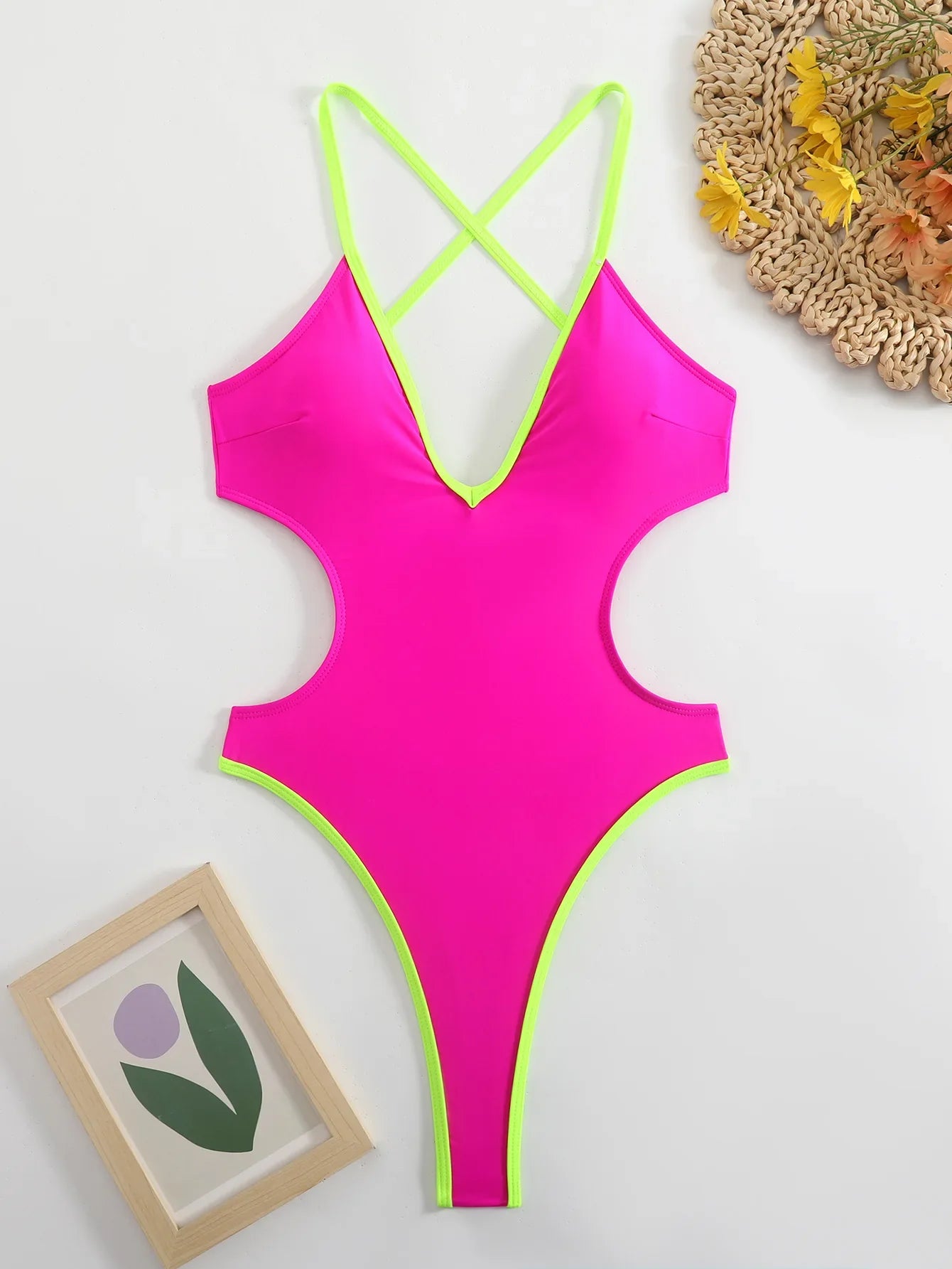 Sexy Hollow Out Backless Thong Swimwear 2026 Women Hot Pink Patchwork Deep V Neck Bandage Beach Bathing Suit One Piece Swimsuit