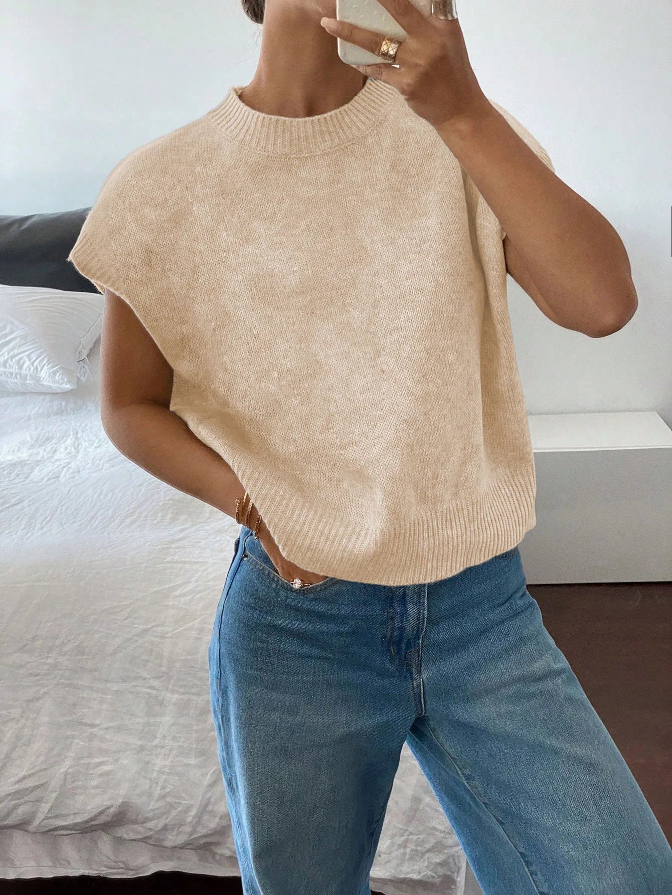 Women's Elegant Short Sleeve Knit Sweater Casual O-Neck Straight Dropped Shoulders Comfort Sweater Vest Spring/Fall