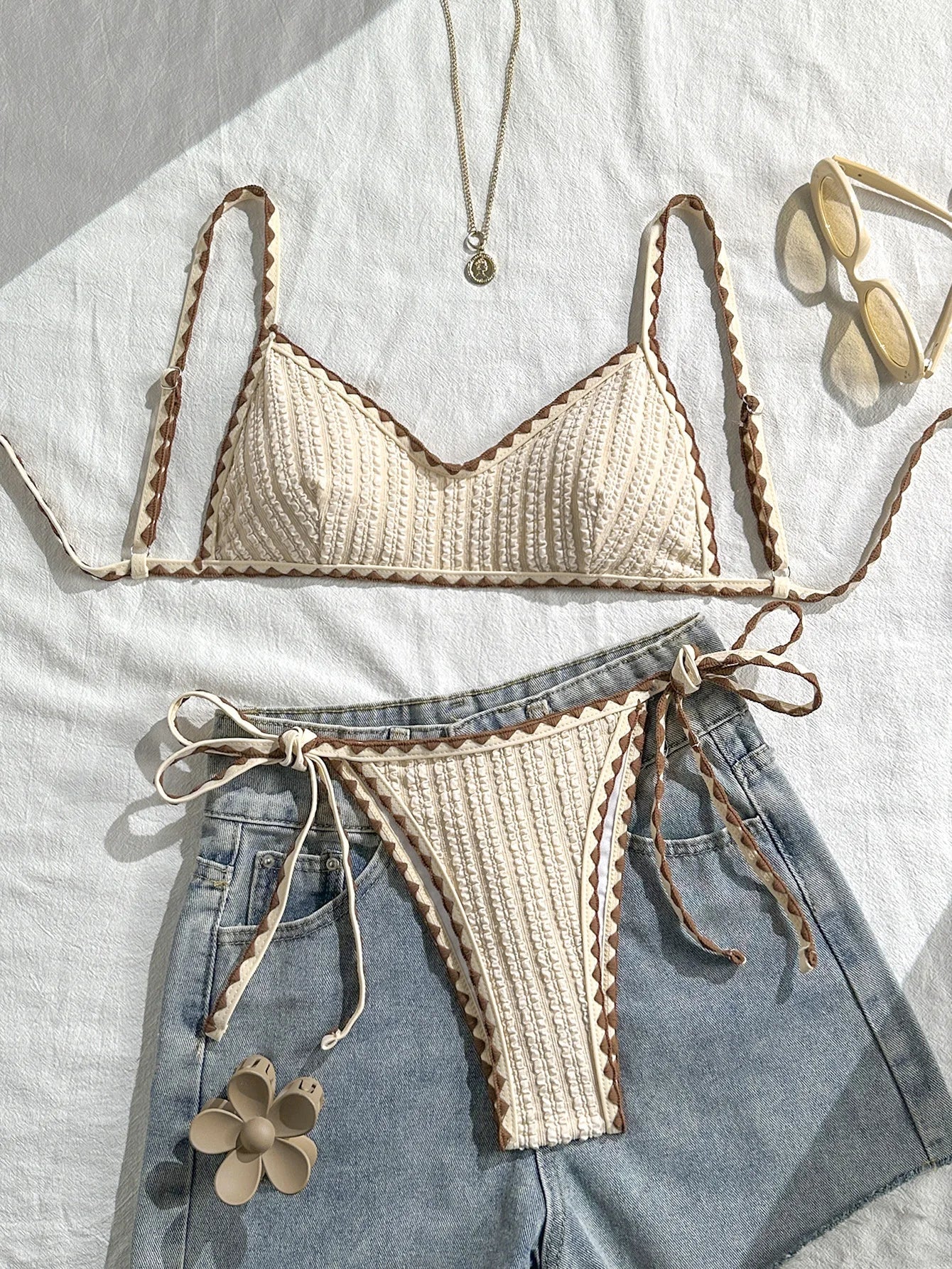 Sexy Triangle Bikini Set 2026 Women Beige Patchwork Pleate Push Up Bra Tie Side Thong Swimsuit Beach Bathing Suit Micro Swimwear
