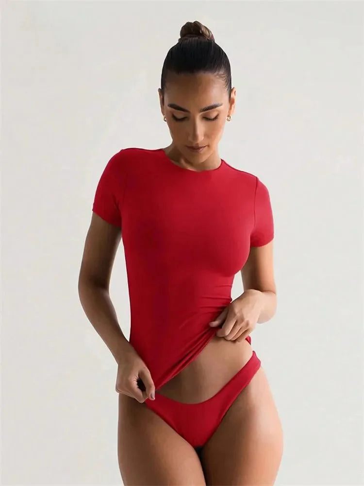 Solid Color Basic Cropped Tshirts for Women Casual Round Neck Short Sleeve Crop Top Summer Slim Fit Tee Shirt Streetwear