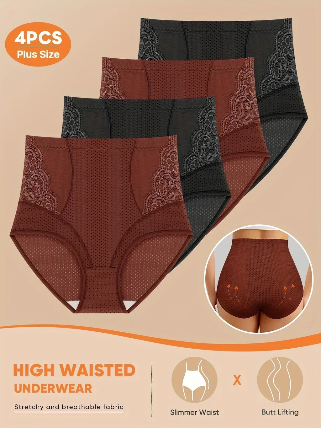 4pcs Plus Size Women'S High-Waist Briefs - Breathable Mesh & Lace Trim, Enhanced Comfort, Breathable Summer Panties in Black,