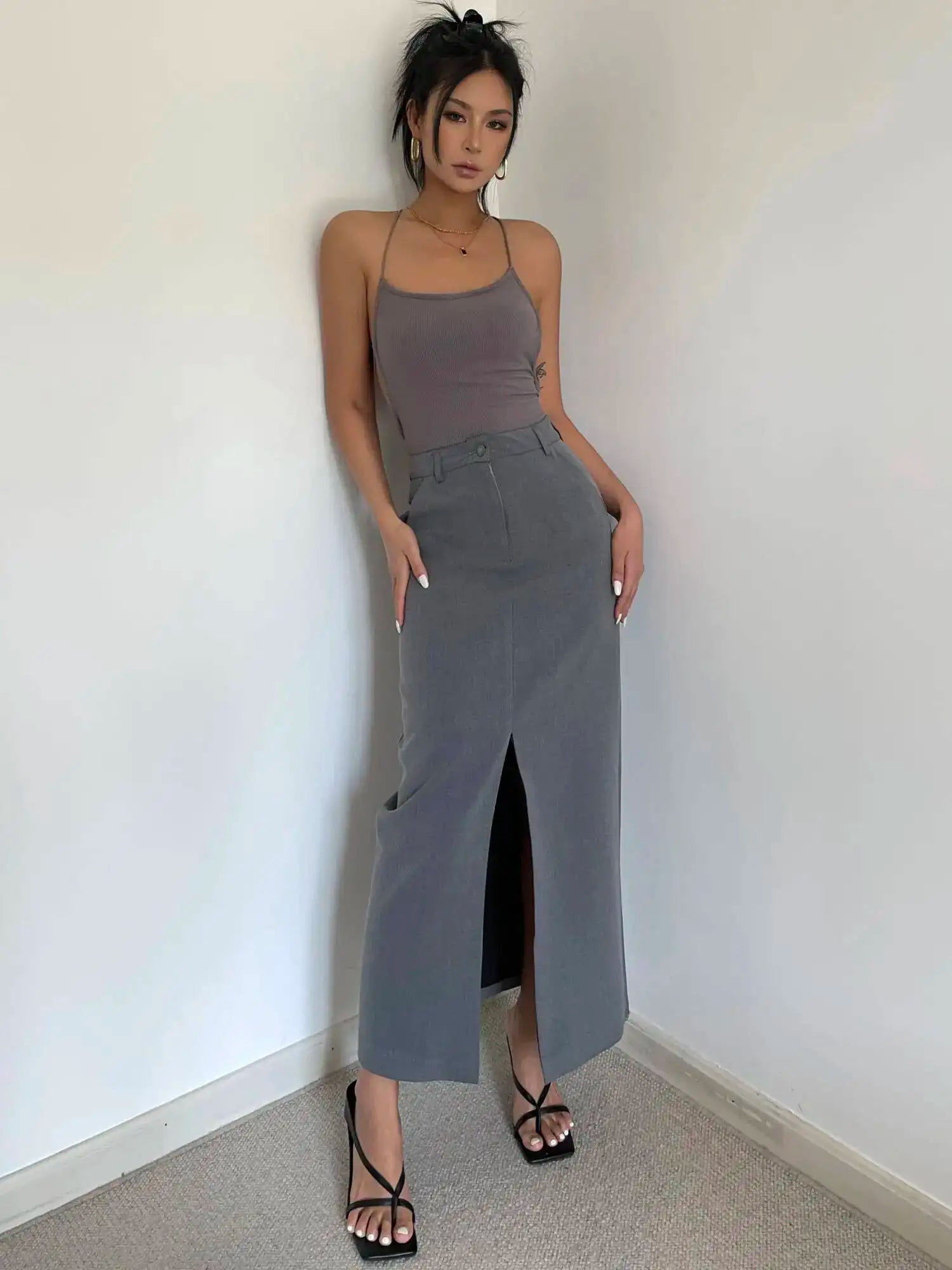 WOMENGAGA Retro High Waist Half Skirt Girl Bifurcate Slim A-LINE Gray Skirts Fashion American Spicy Girls 2023 New 5P2F