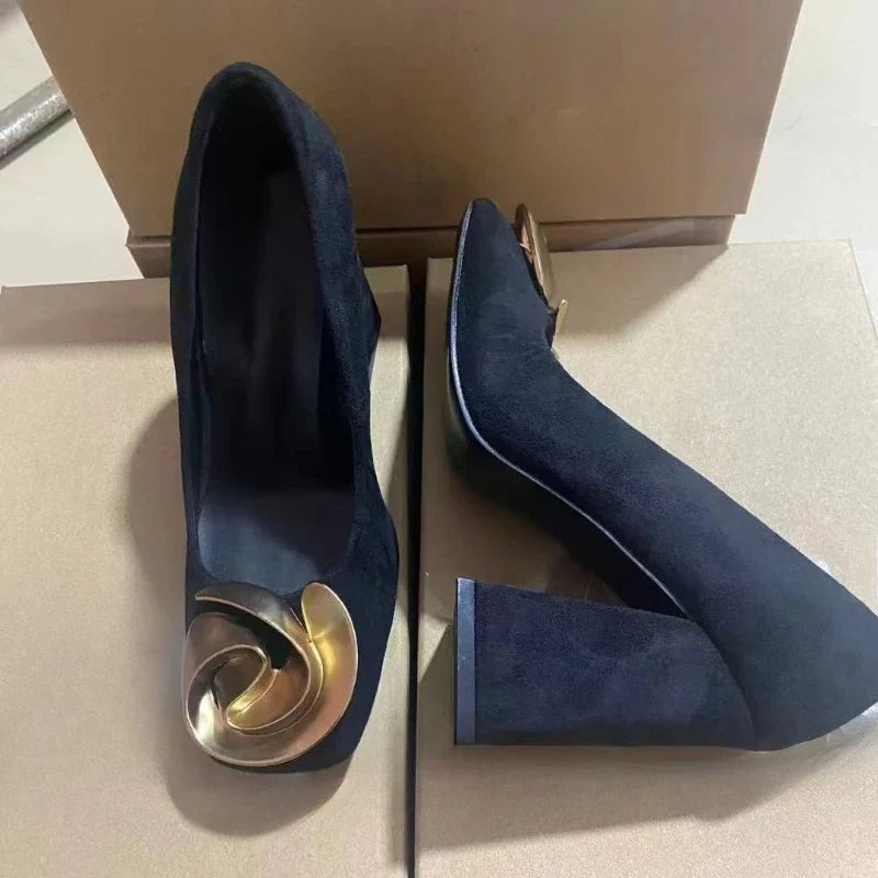 Vintage Elegant Women's Pumps Black Suede Leather Square Toe Block Heel, Gold Metal Flower Buckle Office Party Dress Shoes