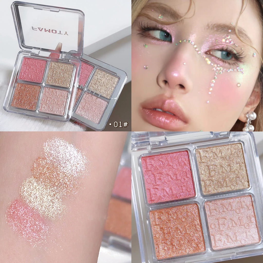 4-Color Face Highlighter Palette, Pearly Glitter Shimmer Smooth Baked Powder, Lasting Sparkling Highlighter Makeup
