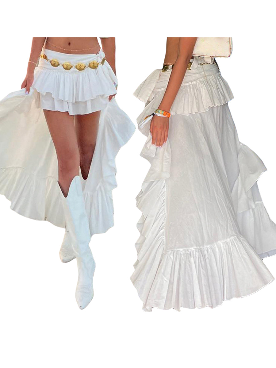 Women's Elastic Band Waist Flowy Skirt Irregular Ruffle Asymmetrical Midi White Boho Skirt Streetwear