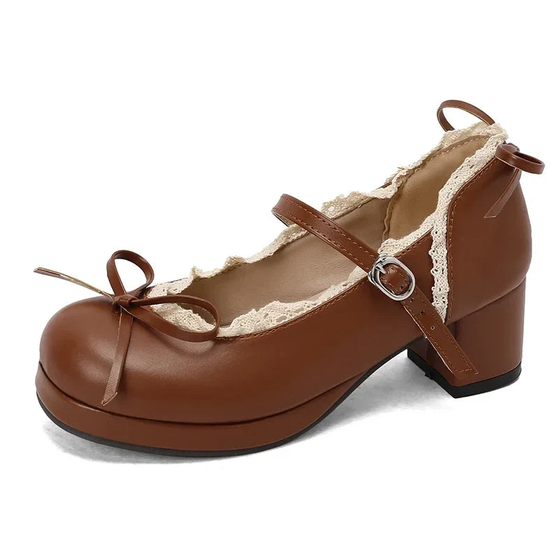 Women's Lolita Cosplay Mary Jane Pumps, Strap Platform Block Heel, Lace & Bow, Kawaii Vintage Dress Shoes Plus Size 31-50