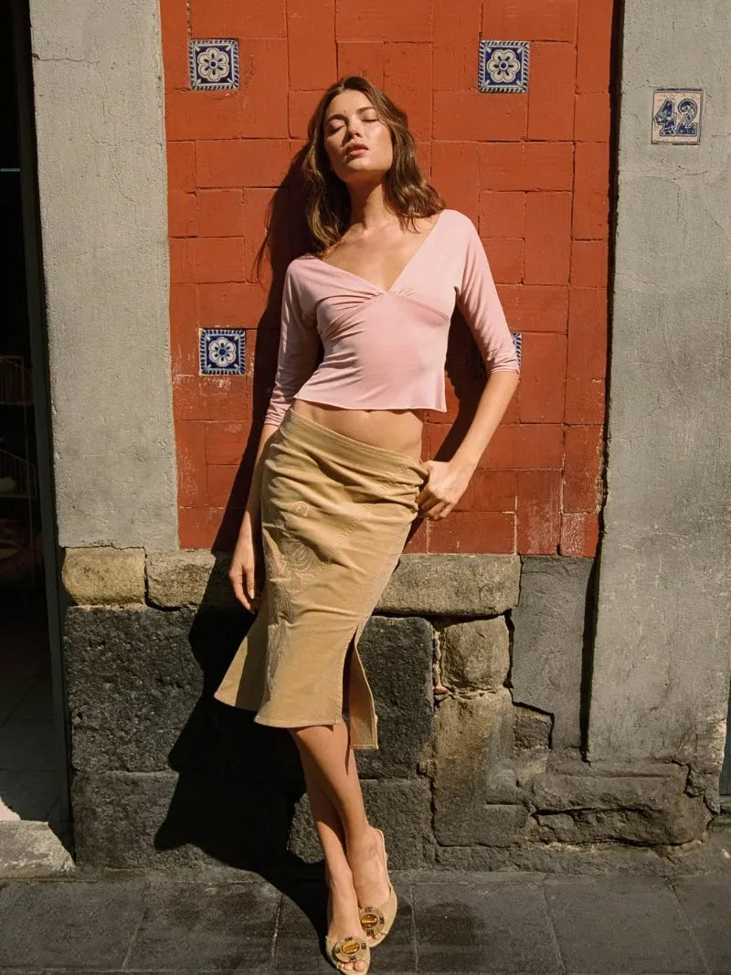 Trendix V Neck Slim Long Sleeve Tops Women 2026 Spring Casual Vintage Bodycon Pullover Top Party Retro Office Basic Backless Top