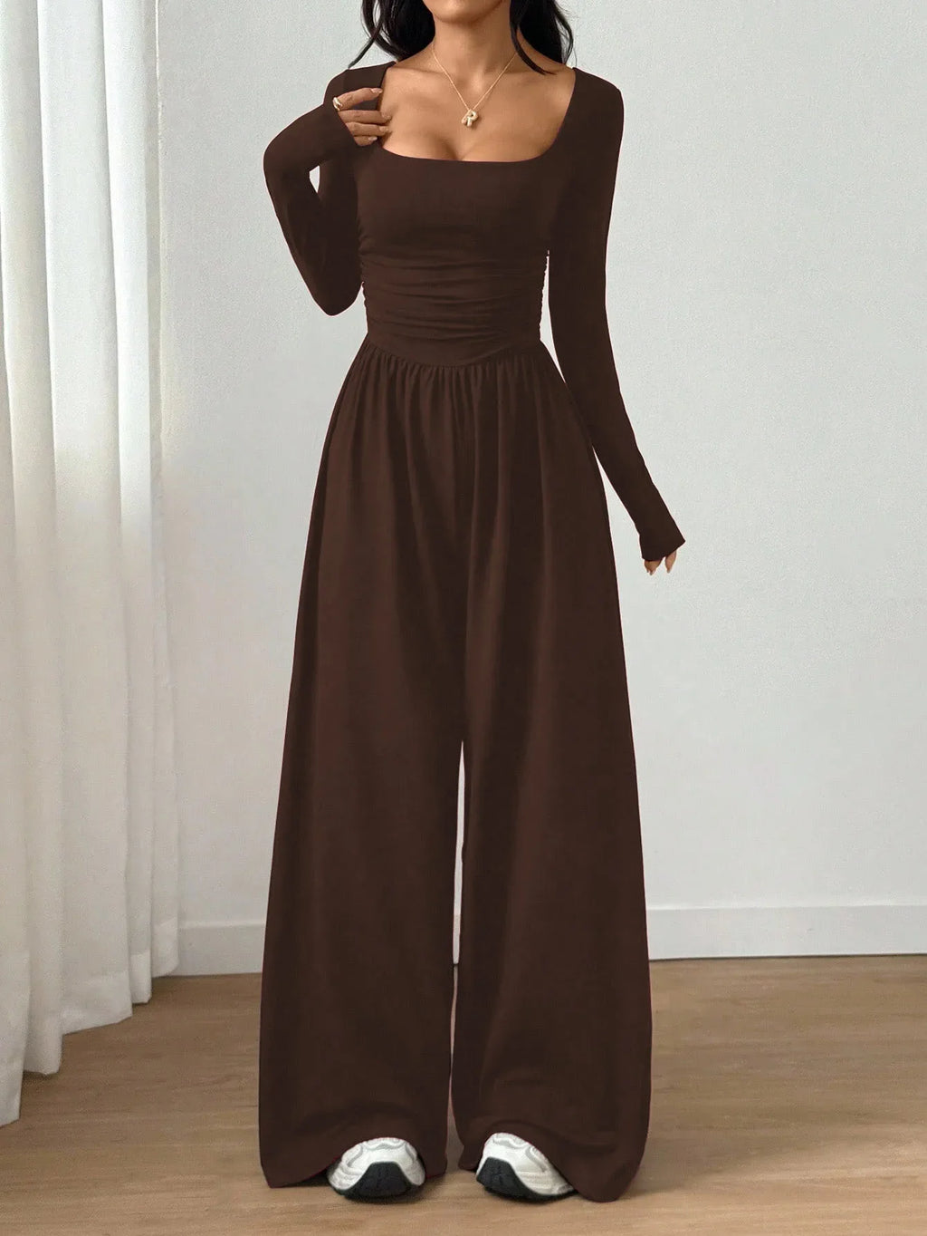 Women's Casual Solid Color Square Neck Long Sleeve A-Line Jumpsuit Pleating Wide Leg Loose Mopping Jumpsuit Spring/Fall 2026