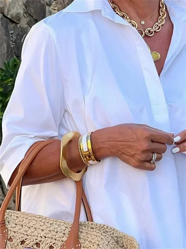 Urban Female Fashion Solid Color Lapel Mini Dresses  New Summer Half Sleeves Loose Casual Office Commute White Dress