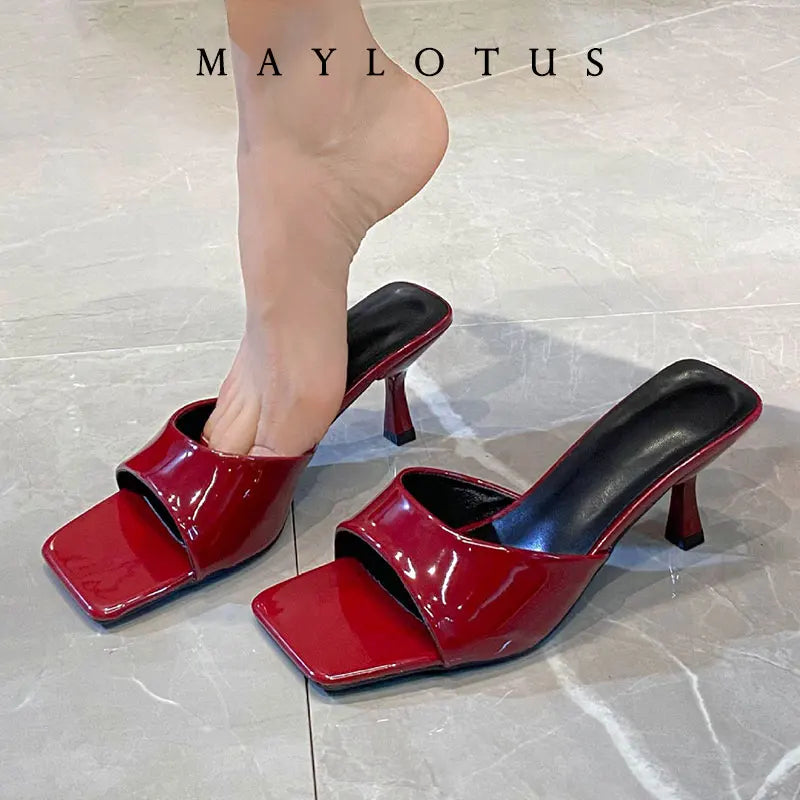 Size 34-43 Women Heeled Mules Sandals Soft Genuine Leather 6cm Heels Summer Shoes For Women Slippers Vintage Square Toe Mule