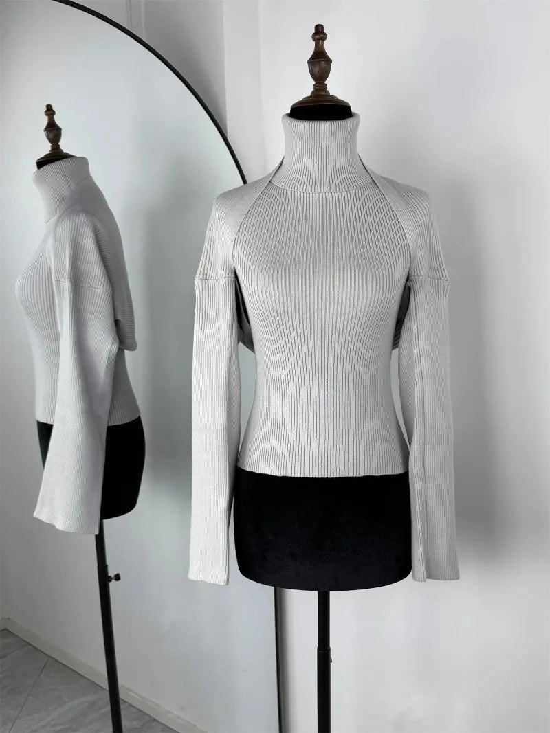 Trendix Knit Tank Top Sets For Women Fashion High Neck Vest And Long Sleeve Shawl 2 Piece Suits Sexy Backless Knitwear Top Femme