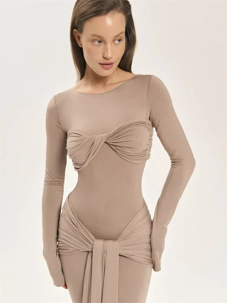 Tossy Female Pleated Sexy Maxi Dress Patchwork Twist Slim Long Sleeve Solid Y2k Autumn Streetwear Dress Women's Bodycon Dress