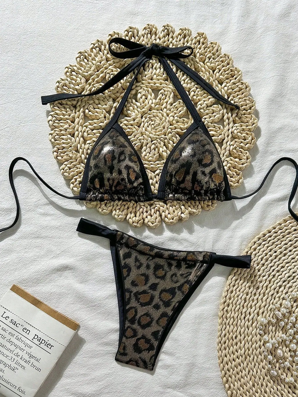 Sexy Brozing Black Leopard Print Bikini Women Halter Push Up Bra Pleate Thong Swimsuit 2026 Beach Bathing Suit Holiday Swimwear