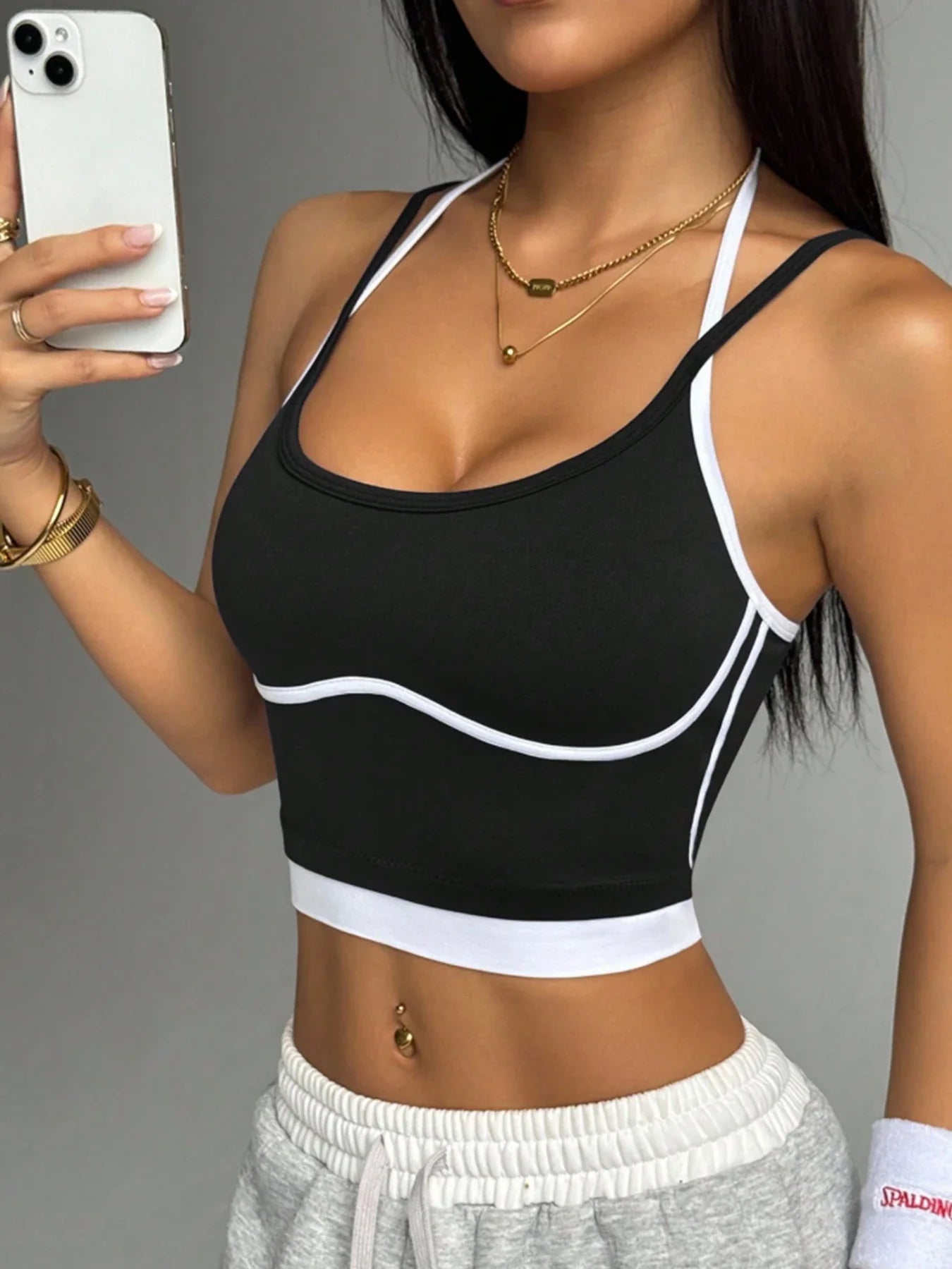 Women's Contrast Trim Halter Crop Cami Top - Sleeveless Ribbed Fitted Yoga Sports Bra Tank Top for Workout Gym Casual
