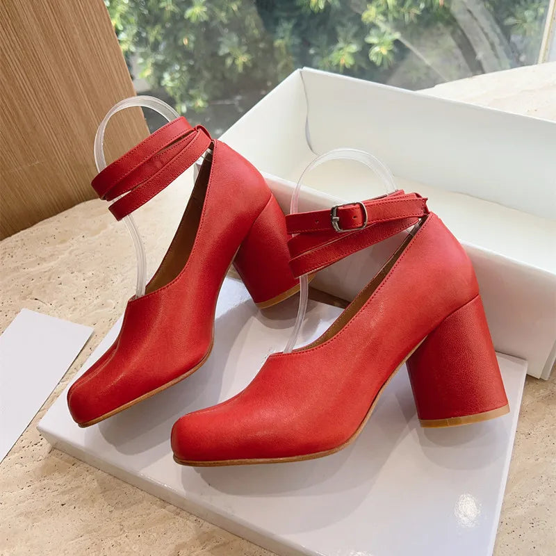 Ins style Vintage Soft Leather Split Toe Tabi Women Pumps Fashion Ankle Strap Thick High heels Spring Autumn Casual Chunky Shoes