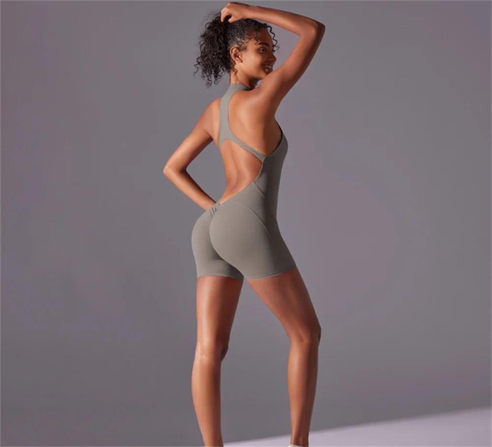 Solid color high-intensity nude tight fitting sports back jumpsuit yoga suit tight fitting running fitness suit