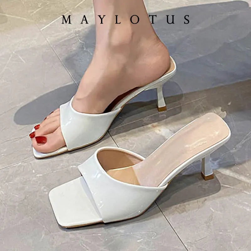 Size 34-43 Women Heeled Mules Sandals Soft Genuine Leather 6cm Heels Summer Shoes For Women Slippers Vintage Square Toe Mule