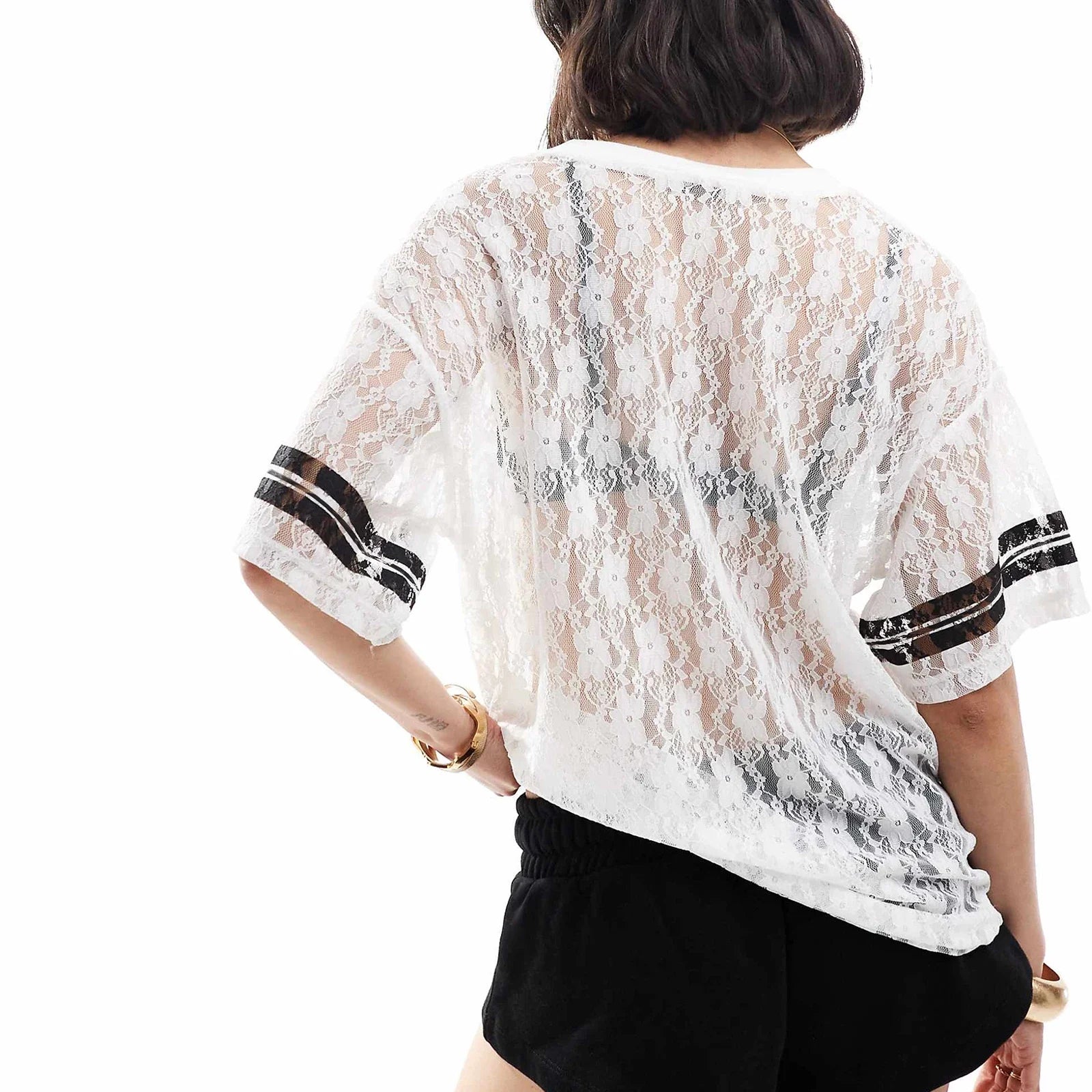Women Summer Lace Football T-Shirt Casual Number Print See-Through V-Neck Short Sleeve Basic Tops for Streetwear