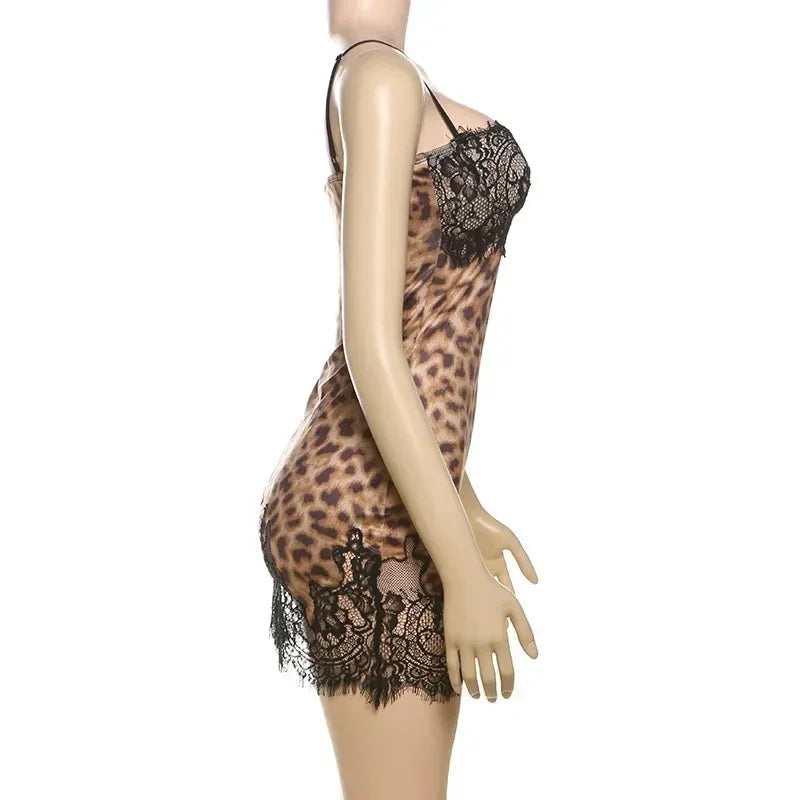 JULISSA MO Patchwork Printed Leopard Lace Women Mini Dress Spaghetti Strap High Waist Dress Summer Slim Elegant Party Club Dress