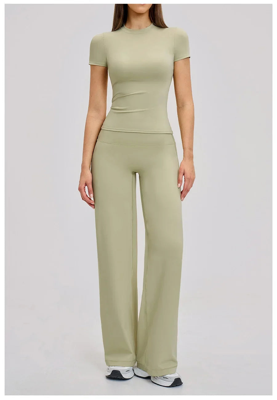 Yoga Set 2 Pieces Women Fitness Sportswear Gym Loose wide-leg pants Long-sleeved T-shirt Sports Crop Tops Tracksuit Workout Wear