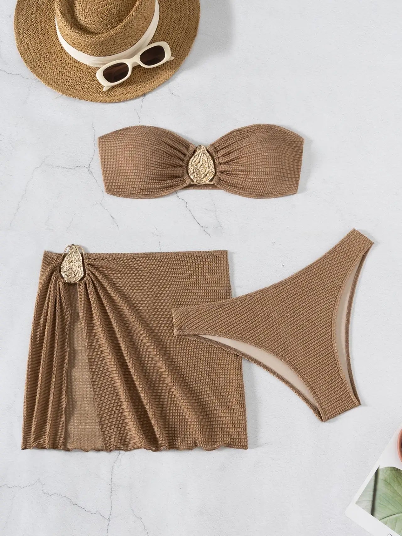 2026 New Sexy Bandeau Bikini Women Metal Water Droplet Ornament Push Up Mesh Skirt 3 Piece Swimsuit Beach Bathing Suit Swimwear