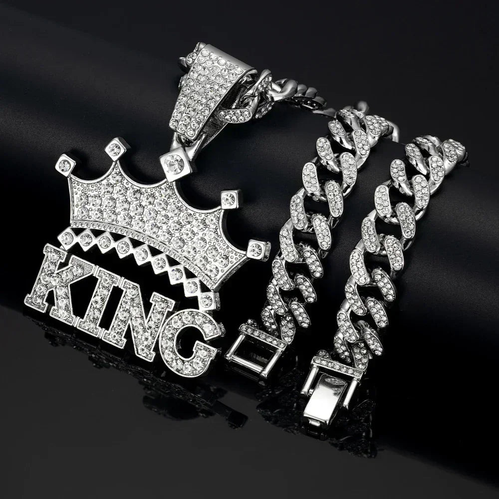 Men Hip Hop Crown with King Pendant Necklace with 13mm Crystal Cuban Chain HipHop Iced Out Bling Necklaces Fashion Charm Jewelry