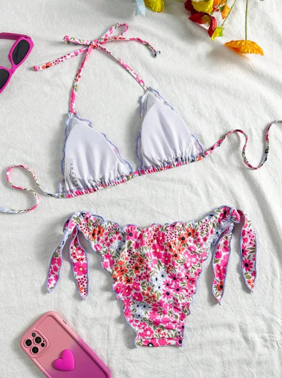 Cute Orange Floral Print Bikini Set Women Halter Ruffles Push Up Tie Side Thong Swimsuit 2026 Summer Bathing Suit Micro Swimwear