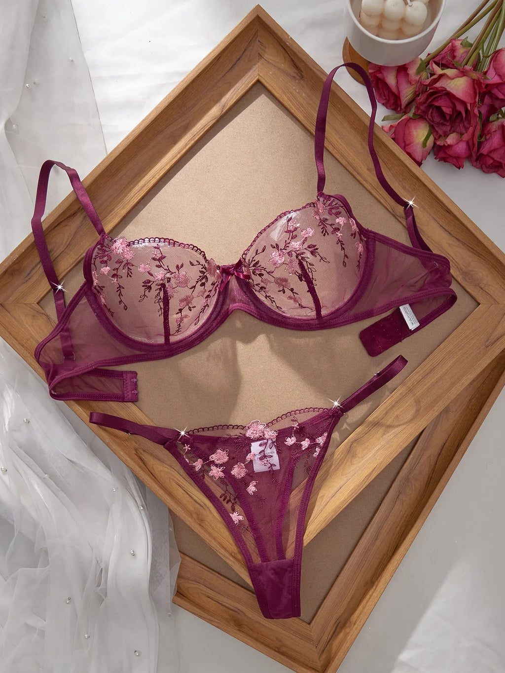Ladies Classic Black Blue Floral Print Ultra-Thin Bra And Panties Set Elegant Underwear Combo for Women