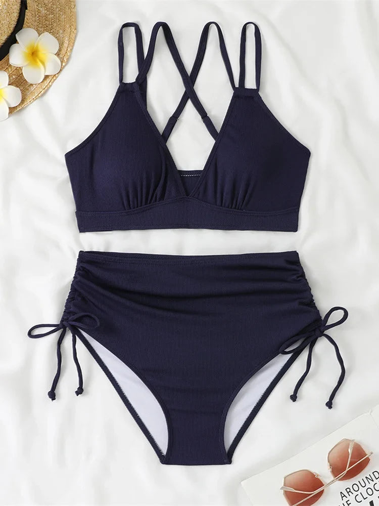 Women's Two Piece Swimsuit Black Double Strap Push Up Pleate Drawstring Side High Waist Bikini 2025 Beach Bathing Suit Swimwear