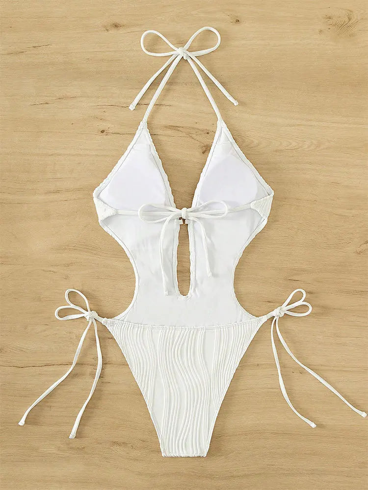 One Piece Swimsuit for Women 2024 Lace Patchwork Green Hollow Out Thong Swimwear Beach Bathing Suit Tie Side Backless Monokini