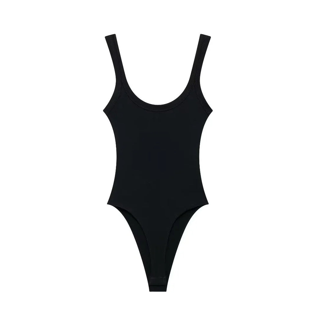 Women's Skinny Ribbed O-Neck Bodysuits with Straps Snap-Button Sexy Fashion Playsuits Comfortable Stretchy Female Clothing