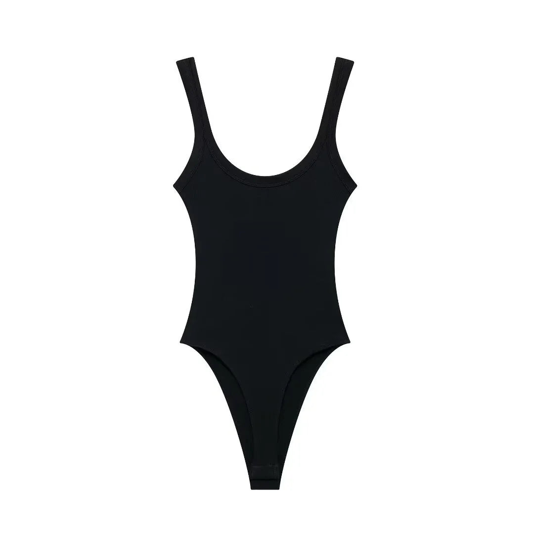 Women's Skinny Ribbed O-Neck Bodysuits with Straps Snap-Button Sexy Fashion Playsuits Comfortable Stretchy Female Clothing