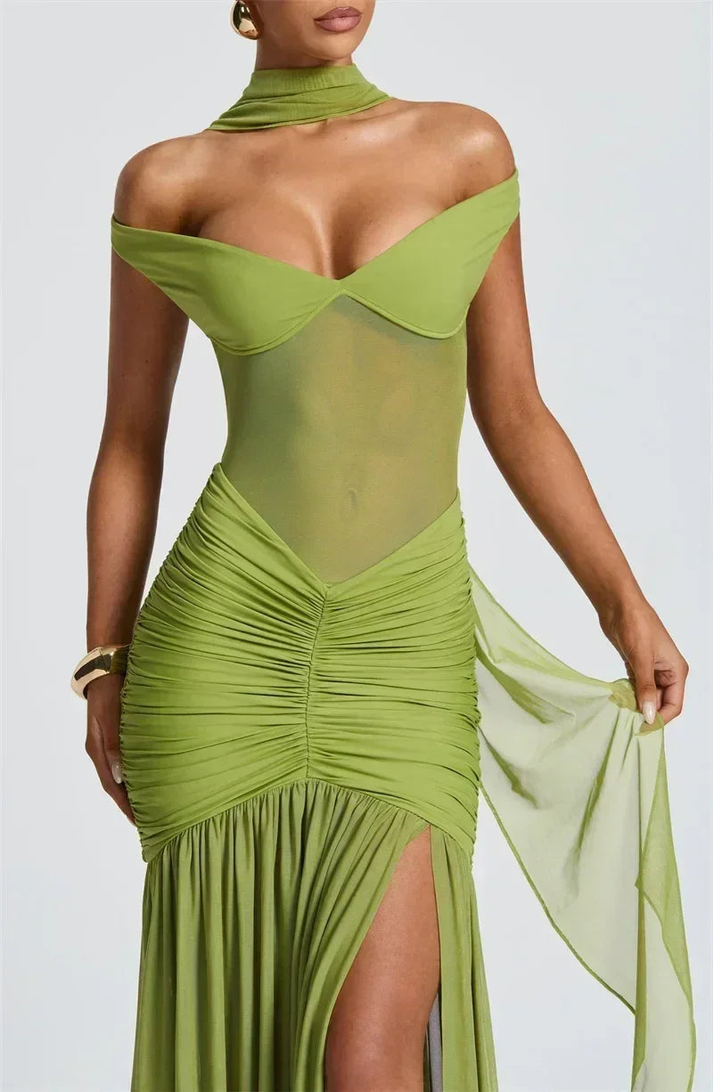 Mozision Off-shoulder Backless Sexy Maxi Dress Women Gown Halter Sleeveless Backless Thigh High Split Club Party Long Dress