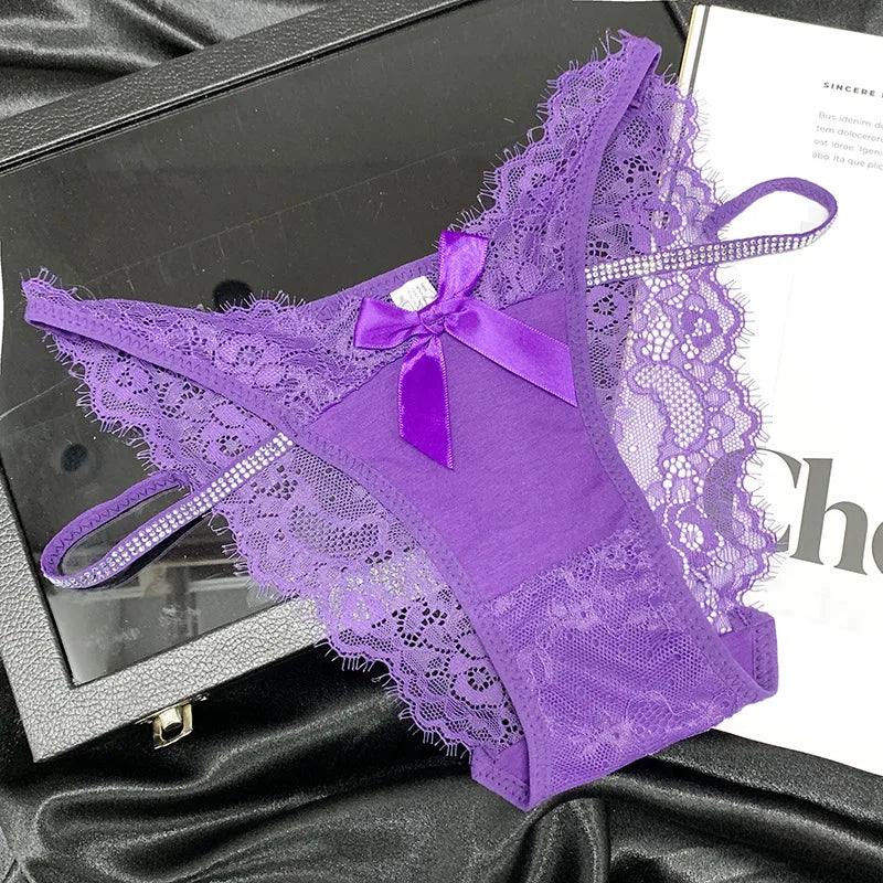 Girls Sexy G String Lace Panties Women Rhinestones Underwear Briefs Hollow Out Thong Transparent Lingerie Intimates