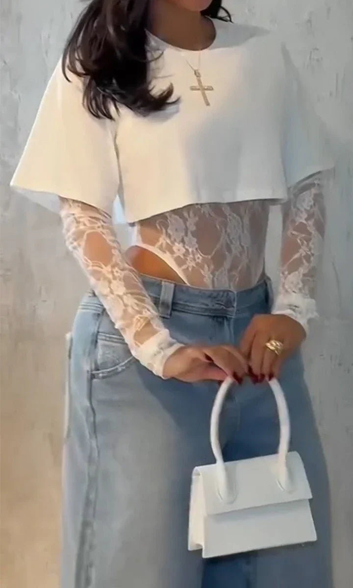 Sexy Women Crop Top+Lace Jacquard Full Sleeve Bodysuit Hottie Street Clubwear Slim Fit Wild Matching Basic Skinny Tees+Jumpsuit