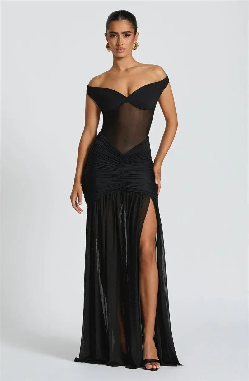 Mozision Off-shoulder Backless Sexy Maxi Dress Women Gown Halter Sleeveless Backless Thigh High Split Club Party Long Dress