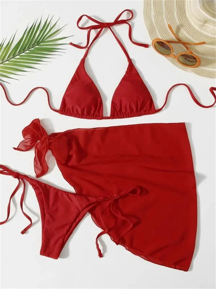 Sexy Solid Brown Bikinis Set Women Ribbed Halter Push Up Mesh Skirt Swimsuit 2024 Mujer Brazilian Bathing Suit Cover Up Swimwear