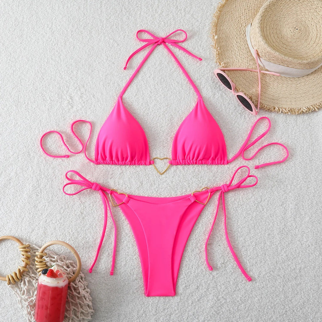 Sexy Metal Heart Ornament Bikini Set 2026 Women Blue Pink Halter Push Up Bra Thong Swimsuit Beach Bathing Suit Vacation Swimwear