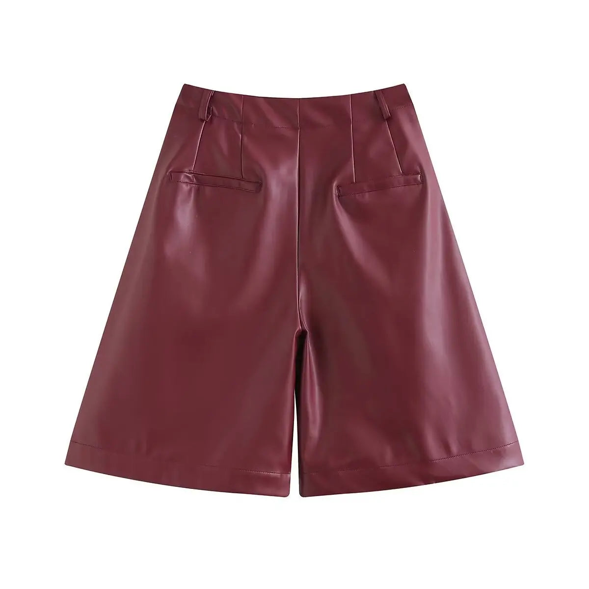 Burgundy Leather Wide Leg Shorts For Women High Waist With Pockets Stylish Daily Simple Casual Leather Button Zipper Shorts GQ6I